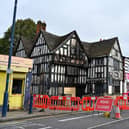 The Greyhound and Punch Bowl on Bilston High Street was badly damaged by fire, which police are treating as arson. 1st October 2023.  See SWNS story SWLNpub. Another historical 'wonky' pub has been hit by a suspected arson attack - just five miles from the Crooked House. (Credit: SWNS)