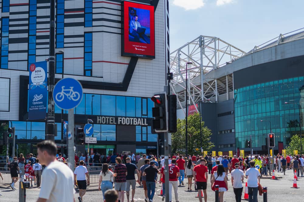 Hotel Football sits directly opposite Old Trafford, making it a popular base for Manchester United fans on match days.