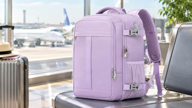 Purple and black 20-litre underseat cabin backpacks with multiple zipped compartments