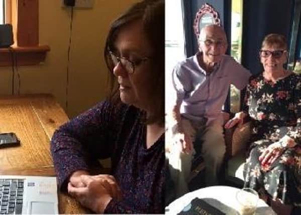Pictured right is Louise Sullivan on a Virtual Visit to her mum. On the left is Louise’s parents, Billy and Ella Barbour.