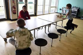 Children of key workers attend one of the hubs at Juniper Green Primary School, Edinburgh.
