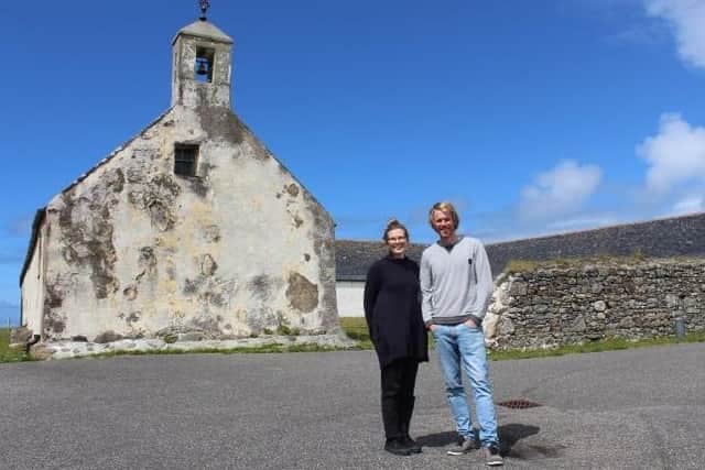 Kate MacDonald and Jonny Ingledew outside Nunton Steadings, Benbecula, which will be transformed into a distillery to create a new dram for the Islands, as well as becoming a community hub and visitor centre.
