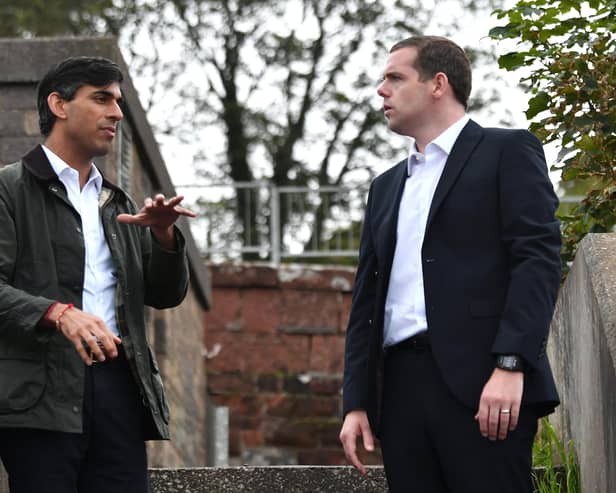 Chancellor Rishi Sunak at Wemyss Bay Train Station with Leader of the Scottish Conservative Party, Douglas Ross MP. Photo: John Devlin