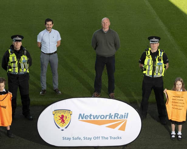 Training sessions...not only to learn silky skills but key rail safety messages. Pictured at the launch event at Easter Road are (l-r) Alfie Hocknull, Stuart Livingstone, Paul McNeil, Mark Henderson, Bryan O'Neill and Zoe Hocknull 

(Pic: Paul Devlin)