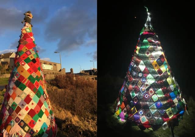 Hundreds of squares were required to create the Christmas trees.