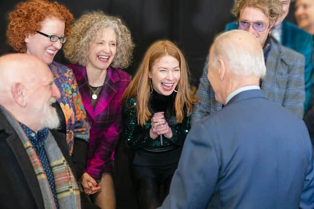 The Chieftains with President Biden in Ballina. Alyth in the centre with Cara Butler; who is coming to Lewis as part of Tionscadal le Annie Jane/The Annie Jane Project. She is a dancer and choreographer.