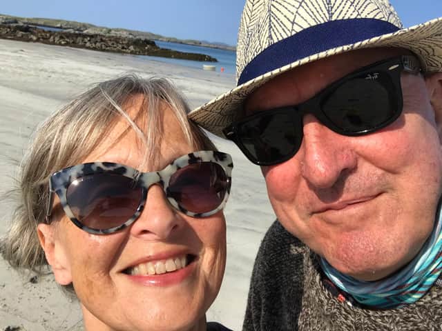 John with Jane last year on Valtos beach, after he had been diagnosed with cancer