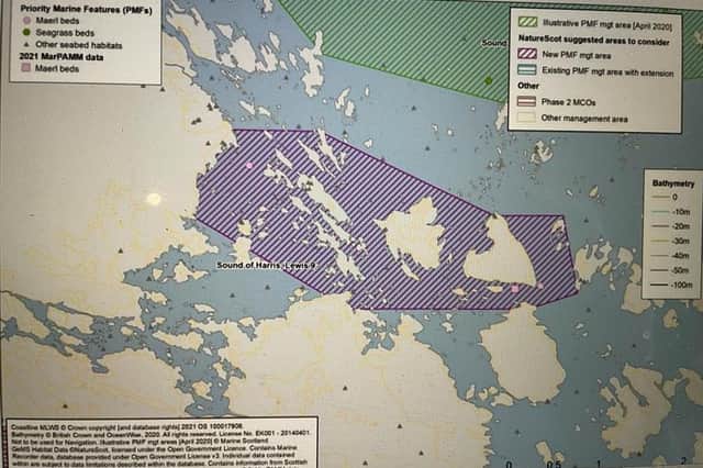 The Sound of Harris: The purple-shaded area is the extension proposed by NatureScot; green already designated.
