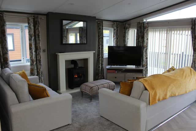 The luxury lounge area with all the mod-cons you need, including an attractive stove-effect fireplace.