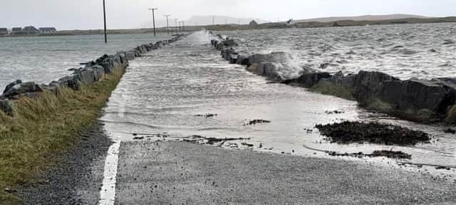 Clearly dangerous and impassable... the flooded Baleshare causeway at high tide.