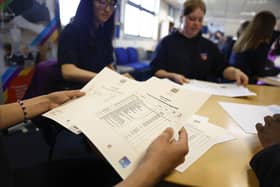 EDINBURGH, SCOTLAND - AUGUST 08: Pupils at Craigmount High receive the results of the Scottish Qualifications Authority exam result on August 8, 2023 in Edinburgh, Scotland. Students across Scotland are finding out their exam results this morning either by post or text message. (Photo by Jeff J Mitchell/Getty Images) : -