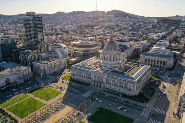 An aerial image shows San Francisco City Hall in San Francisco, California on January 20, 2023. (Photo by Patrick T. Fallon / AFP) (Photo by PATRICK T. FALLON/AFP via Getty Images) : San Francisco City Hall, which Angus Maciver and Donald Macritchie helped build.