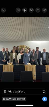 The Donegal delegation with local representatives in the council chambers.