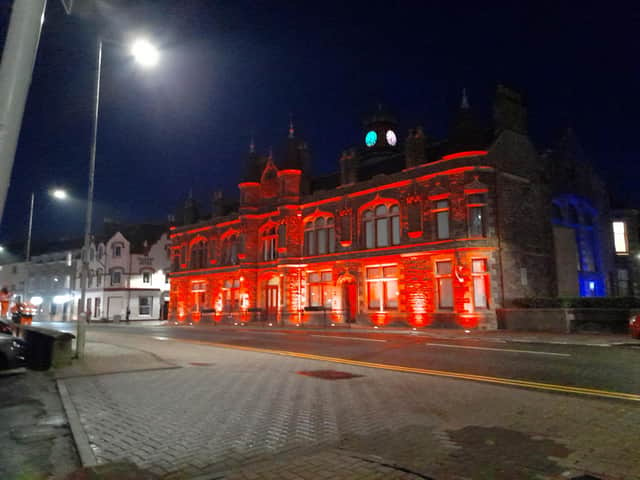 Stornoway Town Hall lights up red for Valentine's Day.