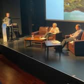 Pairc Trust board member Angus Nicolson introducing author Bob Chalmers and Agnes Rennie from Acair at the book launch in An Lanntair. Pic: Donnie Morrison.