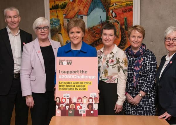 From left: Colin Leslie Breast Cancer Now campaigner, Patricia Ferguson MSP, Nicola Sturgeon First Minister, Lesley Stephen Breast Cancer Now campaigner, Sylvia Wallace Breast Cancer Now campaigner and Director for Scotland at Breast Cancer Now Mary Allison.