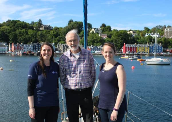 Pictured are Alison Lomax (Director, Hebridean Whale and Dolphin Trust), Simon Pepper (committee member for HLF Scotland) and Dr Lauren Hartny-Mills (Science and Policy Officer, Hebridean Whale and Dolphin Trust) onboard the trusts specialised research yacht Silurian