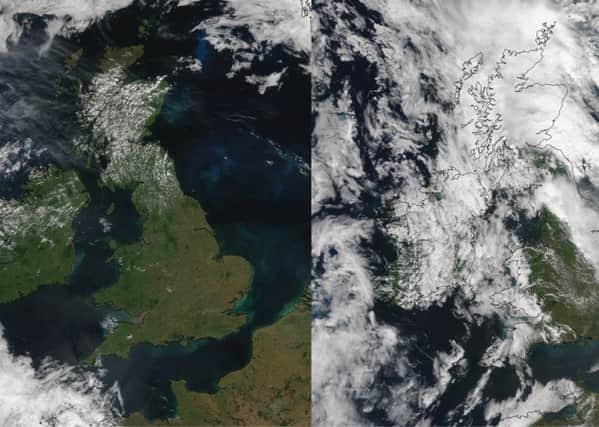 Images captured by the University of Dundee Satellite Receiving Station yesterday and today starkly illustrate the changing nature of the British summer.  Credit:  NEODAAS/University of Dundee.
