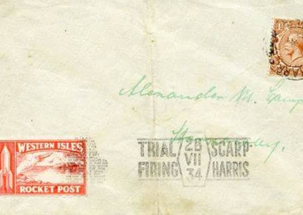 A letter with the Rocket Post stamp. Picture courtesy of Museum nan Eilean.