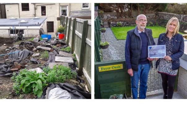 The effort of volunteers can be seen in the work to develop the towns Foyer Project garden. Left is the garden before the clean up and right you can see the new garden in the background,  as volunteer Ian Paul receives the Kisimul Award  from development worker Bellann OBrien for his commitment to the project.