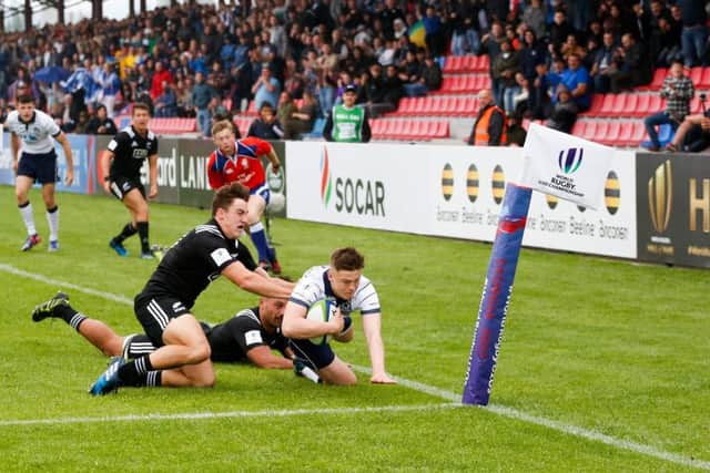 Josh Henderson scores a try for Scotland in their 42-20 loss to New Zealand on day one of the World Rugby U20 Championship 2017 in Kutaisi, Georgia.
