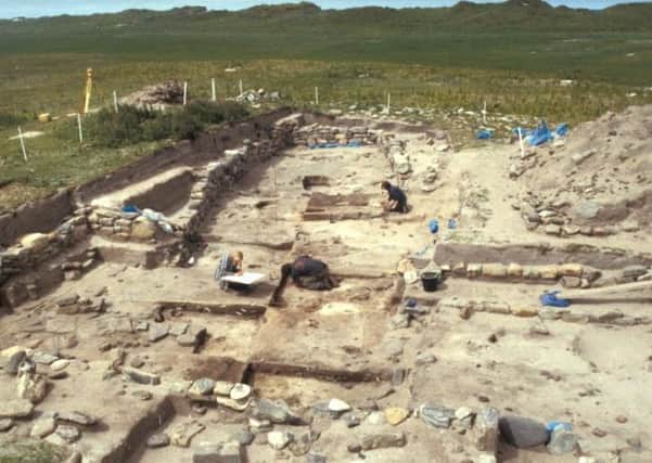 A view across the eleventh century house during the excavation of the floor layers. Houses similar to this,  long, rectangular with bow shaped walls, are distinctively Scandinavian and are found across the North Atlantic in Greenland, Iceland, Shetland and Norway.