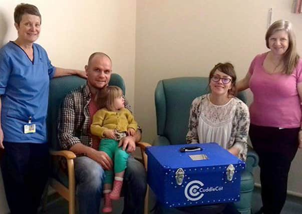Pictured (L-R): Shona Anderson (Midwife), Jonathan, Cora, Sarah and Susan Matheson (Health Visitor).