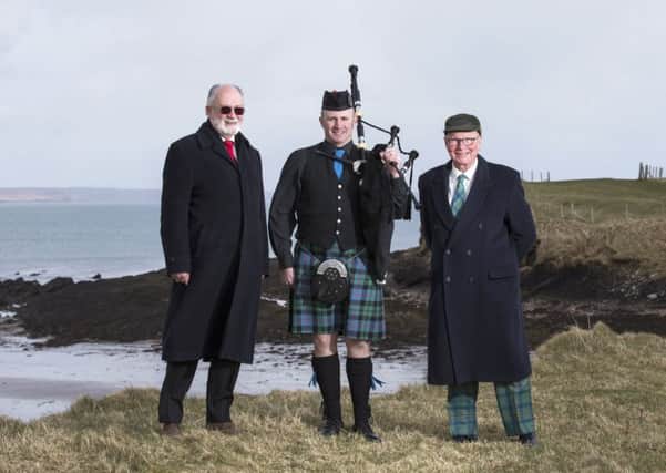 Point and Sandwick Trust chairman Angus McCormack, left, with representatives from the Lewis and Harris Piping Society  committee member and piper Finlay Macleod and chairman John Kennedy.  Picture by Sandie Maciver of SandiePhotos Photography.