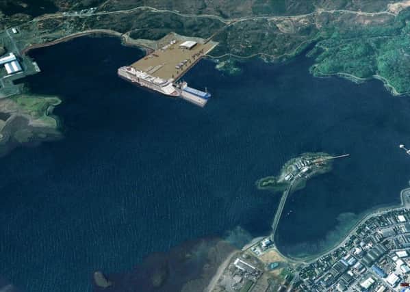 Stornoway Harbour showing a visualisation of the proposed deep water berth, with the town, existing  ferry terminal and Newton Basin to the bottom right and the Arnish Fabrication yard at the top left