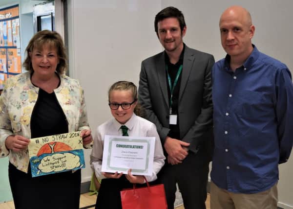 Zara is pictured with Fiona Hyslop, Springfield head teacher Mark Wells and John Richardson.