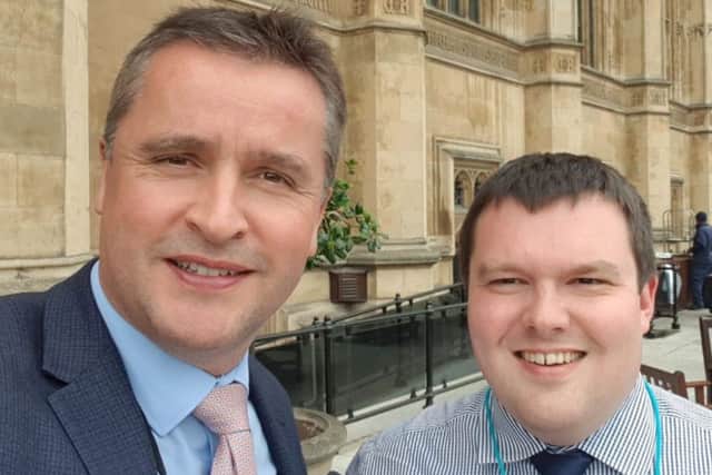 Angus MacNeil with Nicolson Institute teacher DÃ²mhnall MacleÃ²id at Westminster.