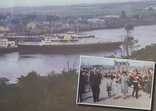 The Royal yacht Britannia berthed at Number 1 Pier. The picture, taken from Gallows Hill in Lews Castle Grounds, provides a stunning viewpoint of the impressive vessel. Inset are the Royal family on a tour of the town, with a mini Prince Charles and Princess Anne.